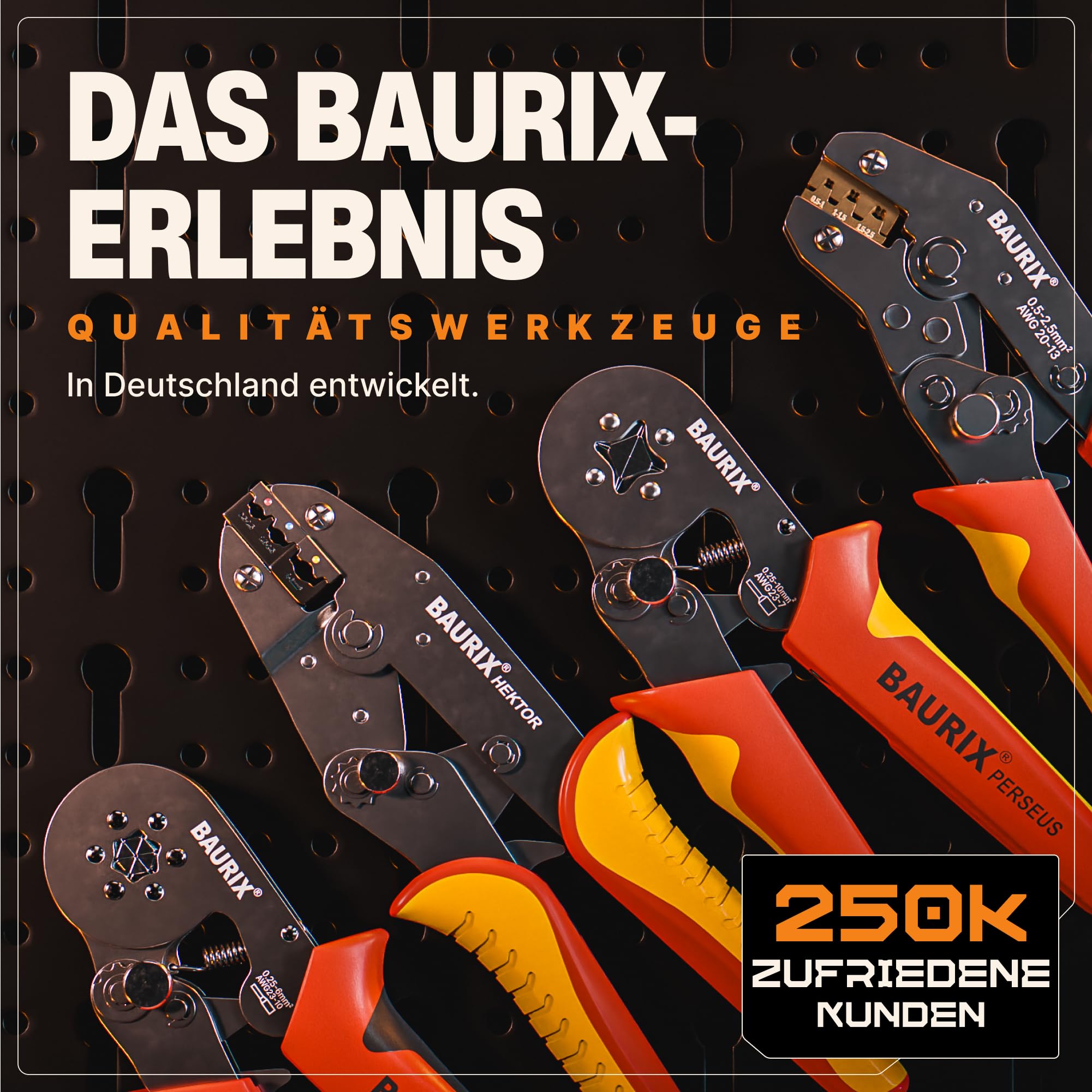 BAURIX® Crimpzange mit 700 Kabelschuhe Set – für diverse Verbinder-Arten – Regelbare Crimpkraft für 0,5–6 mm² – Elektriker Werkzeug – HEKTOR