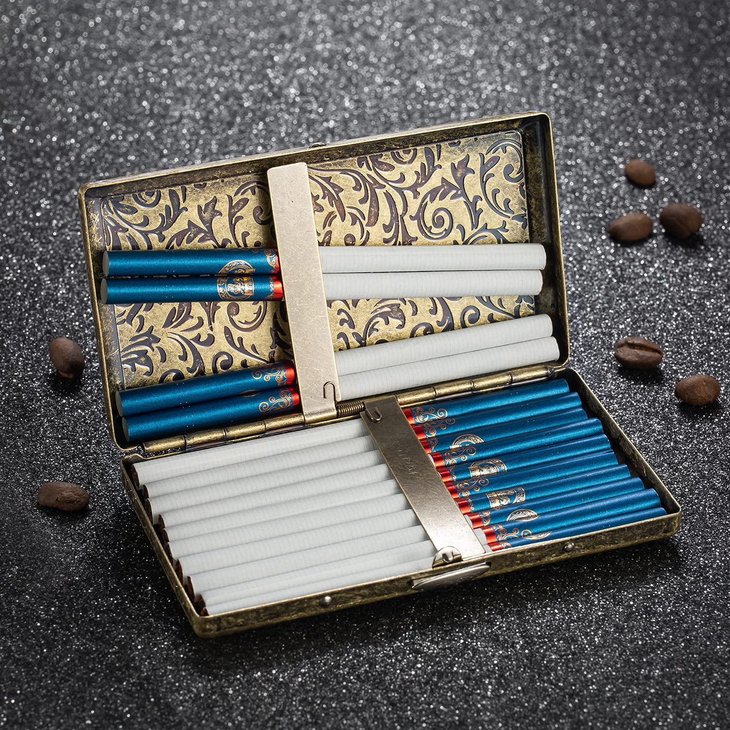 Portasigarette Vintage in Metallo di Alta Qualità - Scatola per Sigarette da Donna, Anticato, per 20 Sigarette da 100 mm, Sottile, in Acciaio Inox, Con Scatola