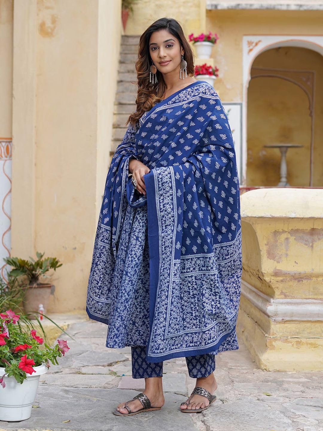 Amayra Rayon Women's Printed Anarkali Kurta with Pant and Dupatta Set(Tck515,Blue,Large) 1