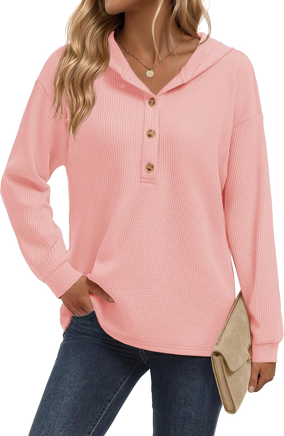 YUCOLEN Womens Waffle Shirt Trendy Cotton Waffle Knit Hoodies Oversized Sweatshirt Casual Waffle Knit Top - Image 2