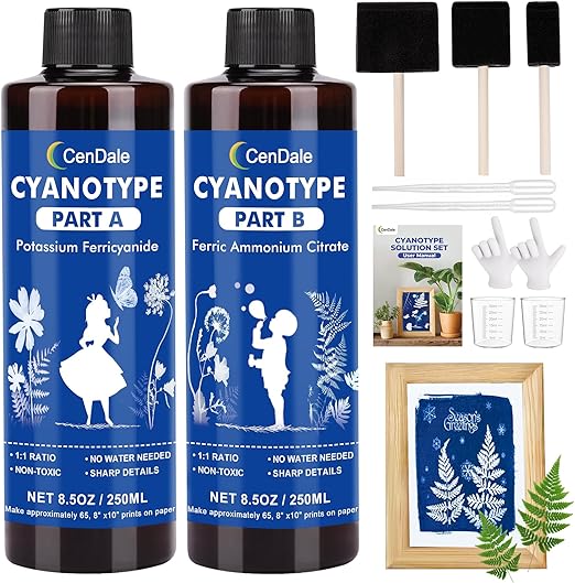 Cyanotype Kit - 17 OZ Cyanotype Solution Sensitizer Set for Sun Printing on Paper & Fabric, Cyanotype Set with 3 Sponge Brushes for Solar Photographic Blueprints (85 Prints on 8"x10" Paper)