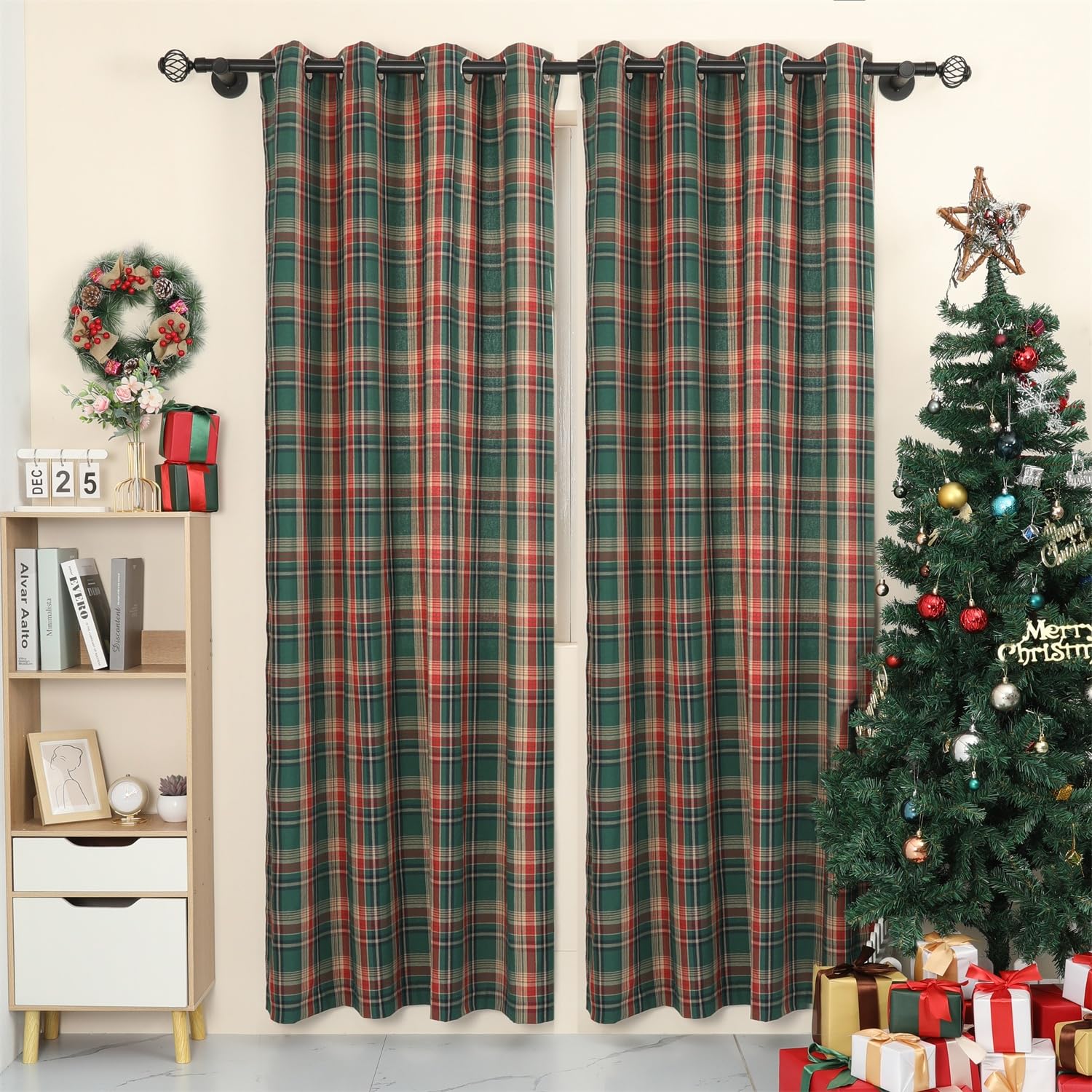 Moslovstar Tartan Curtains Set of 2 Classic Scottish Curtains Semi Blackout Grommets Top Machine Wash, Green and Red 52" W x 84" L