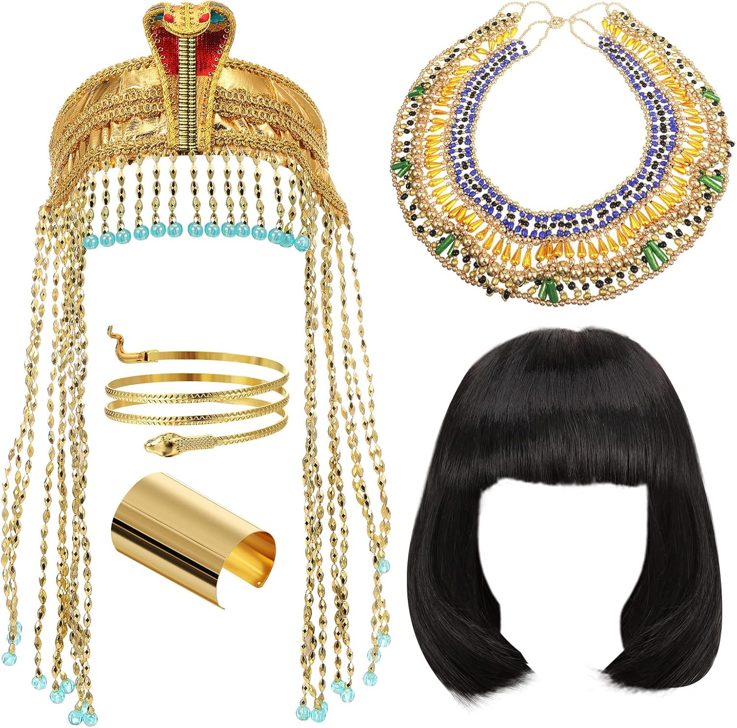 Yunlly 5 Pcs Egyptian Headpiece for Women Short Black Bob Wigs Head Chain Snake Arm Cuff Collar Necklace Bracelet Accessory