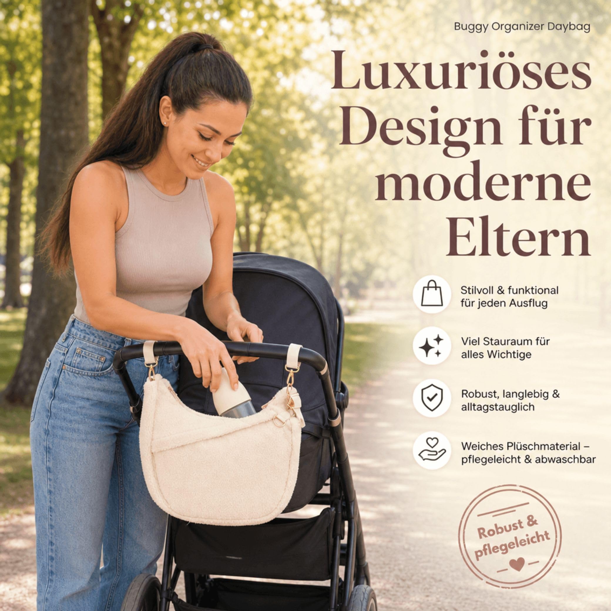 Fillikid Buggy Organizer Daybag | Stilvolle Kinderwagen-Tasche aus Teddyplüsch | Weich & luxuriös | Mit praktischer Fächeraufteilung | Ideal für Windeln, Snacks & mehr | Einfache Befestigung