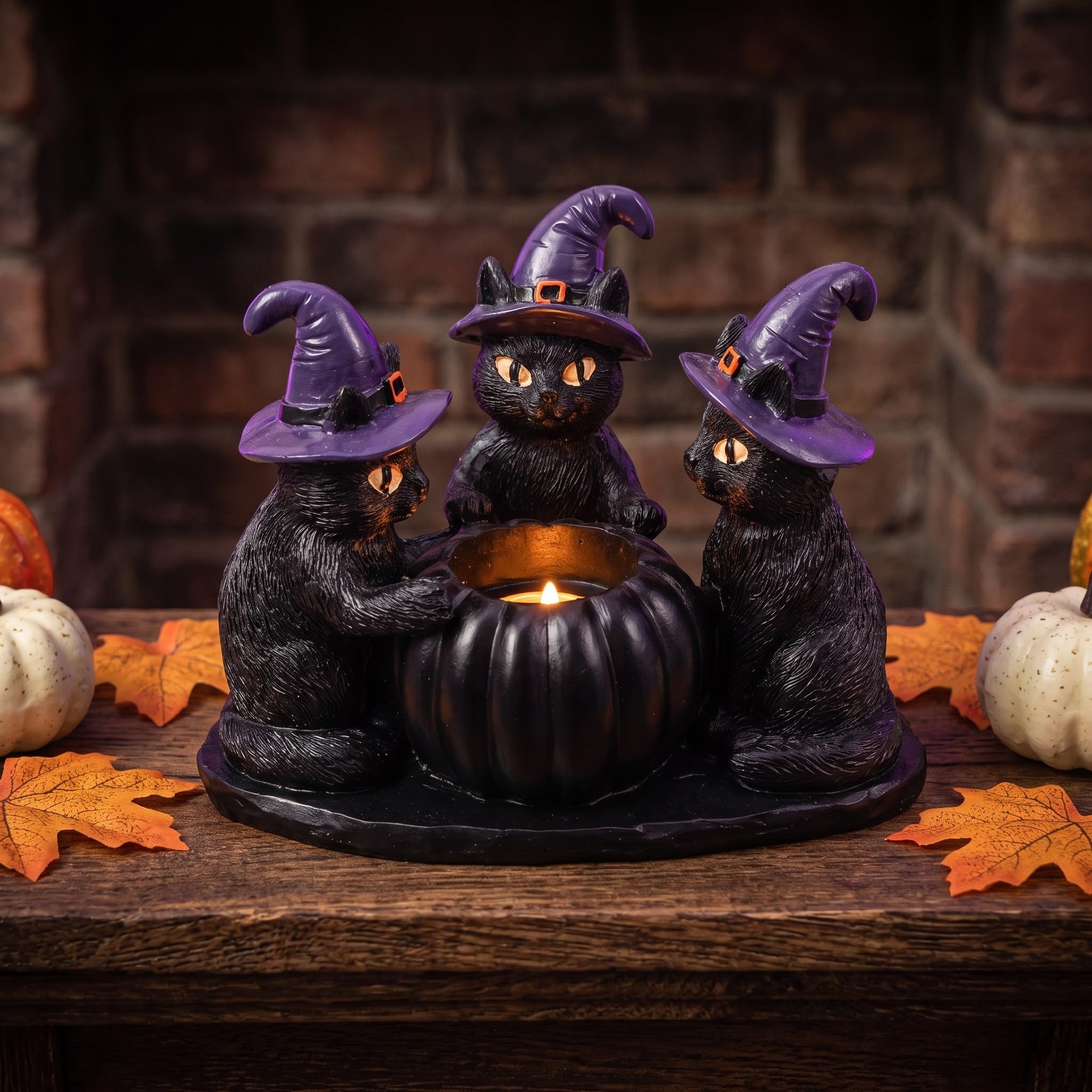 POPETPOP Portavelas de Resina con Forma de Gato Negro, Calabaza y Bruja