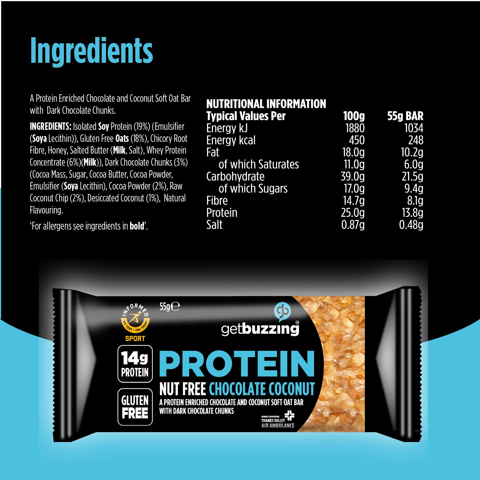 getBuzzing High Protein Nut Free Bars, Chocolate Coconut, 55 g, Pack of