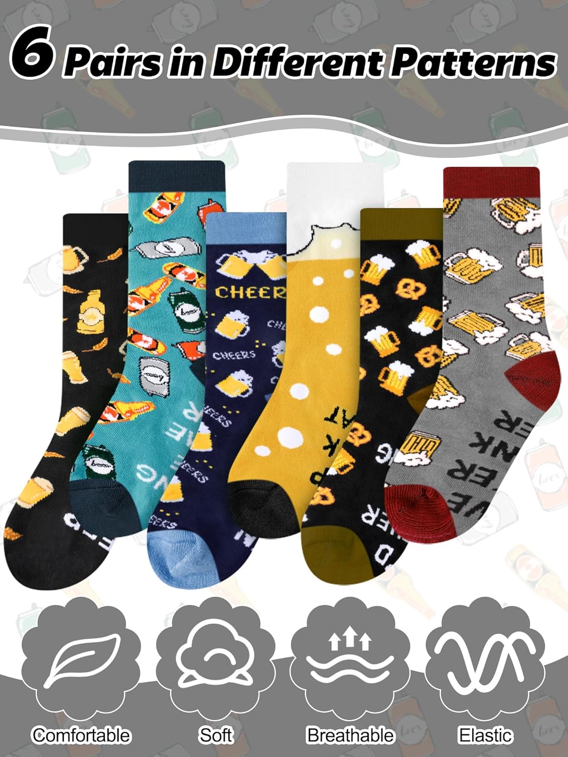Novelty Beer Socks for Men Funny Alcohol Drinking Themed Cotton Crew Socks Birthday Valentine's Day Gifts for Beer Lovers - Image 3