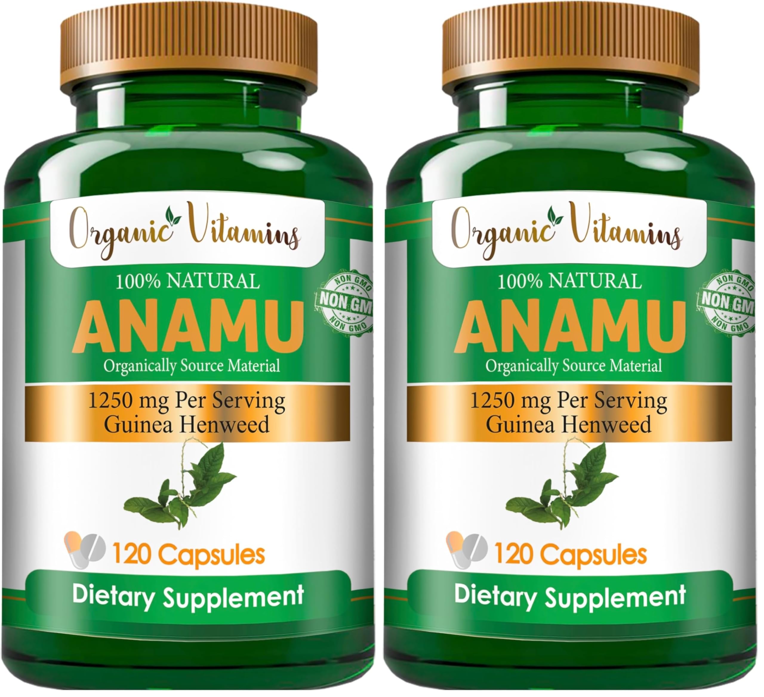 Organic Vitamins Anamu 1250mg 100% Organically Grown 120 Capsules Petiveria Allicea (Pack of 2)