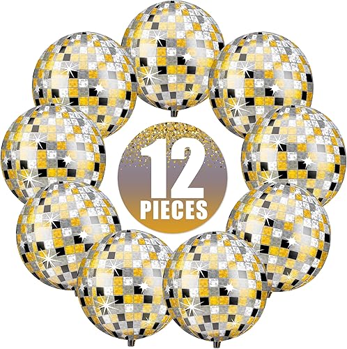 Miniatura 9 de KatchOn, Globos de bola de discoteca enormes de 22 pulgadas, paquete de 12, globos de discoteca negros y dorados para decoraciones de fiesta de