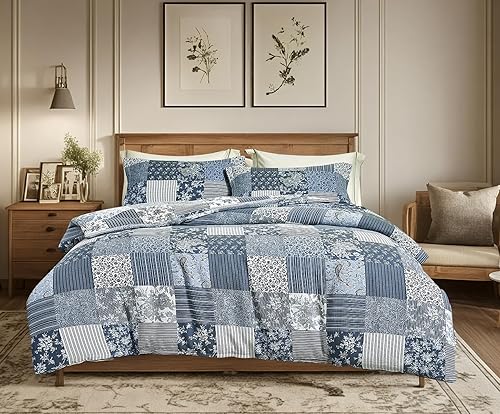 Miniatura 37 de SLEEPBELLA Juego de edredón de muselina de doble capa lavada de 100 % algodón, tamaño Queen, bohemio azul y amarillo, esponjoso, grueso, a cuadros