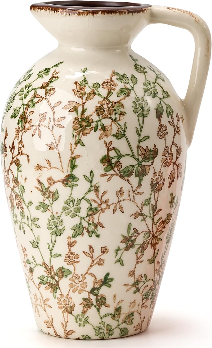 Jarrón antiguo verde y beige, jarrón floral chinoiserie vintage de 8,9 pulgadas, jarrón de cerámica rústico para decoración del hogar, sala de estar, estantería, oficina, entrada, jardín, decoración china, decoración toscana