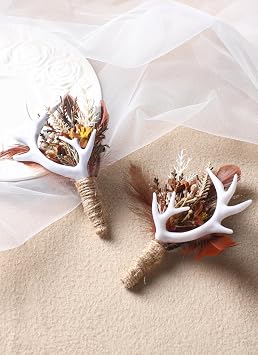 Brown Boutonniere for Men Set - 2 PC Handmade Feather Corsage for Wedding Antler Rustic Boutonniere for Groom Groomsmen Ceremony Anniversary Formal Dinner Party Prom Brown