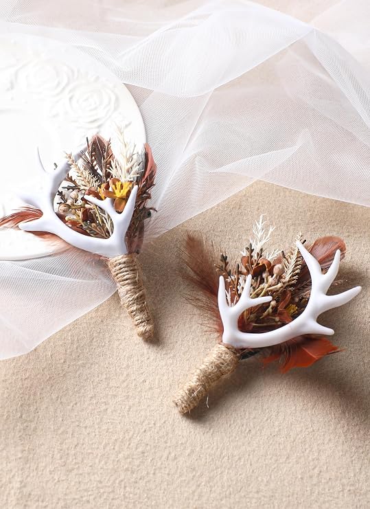 Brown Boutonniere for Men Set - 2 PC Handmade Feather Corsage for Wedding Antler Rustic Boutonniere for Groom Groomsmen Ceremony Anniversary Formal Dinner Party Prom Brown