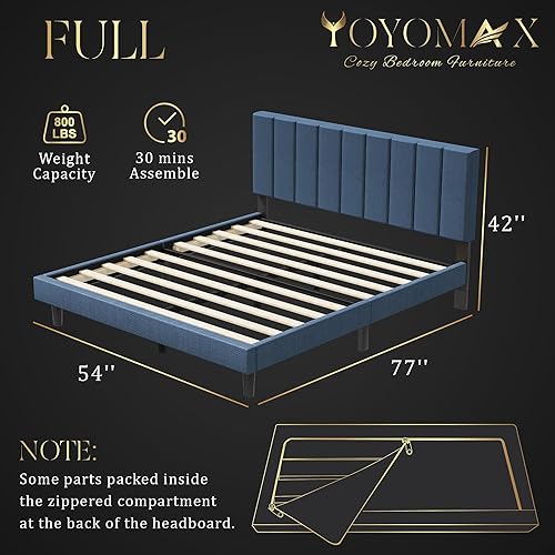 Miniatura 6 de yoyomax Base de cama tapizada de tamaño matrimonial con cabecero de tela de lino y fuerte soporte de listones de madera, antideslizante y sin ruido,