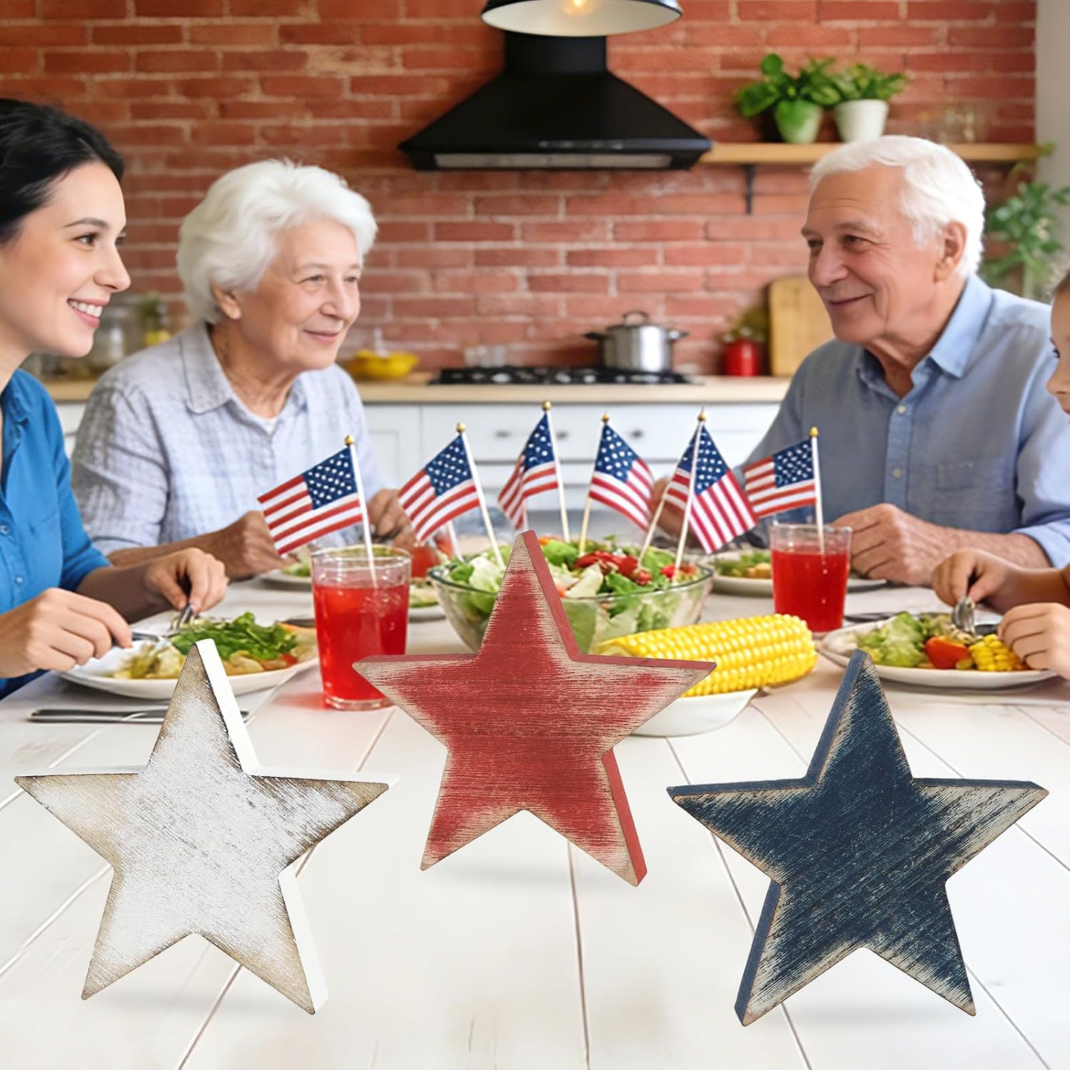 3 Pcs 4th of July Wooden Star Signs,Rustic Memorial Day Tiered Tray Decor, American Patriotic Table Decoration for Home Kitchen (Classic)