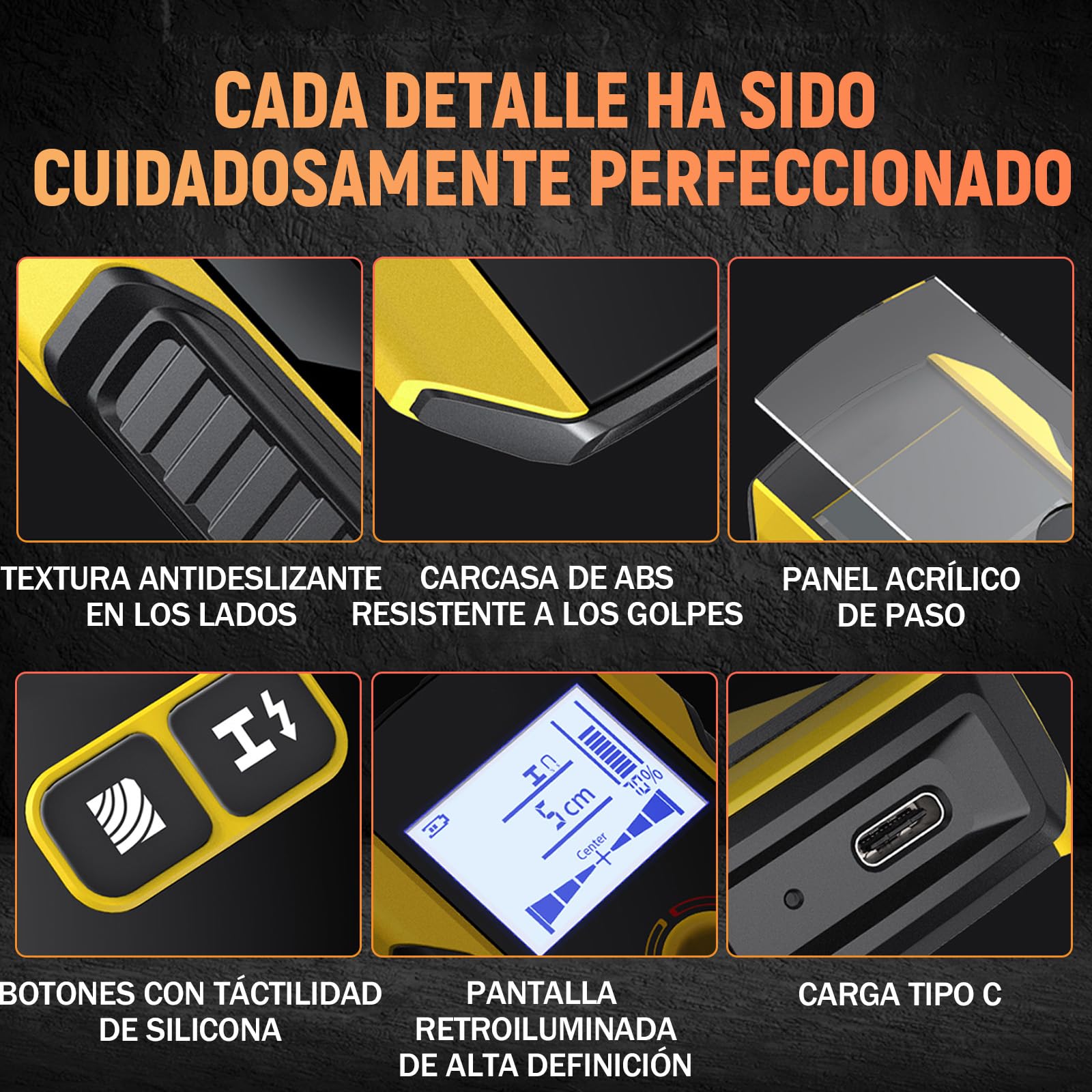 WD-01 Detector de Pared 6 en 1, Detector Cables y Tuberias con Orificio de Posicionamiento, Escáner de Pared para el Centro y el Borde de Madera, Cables de CA, Metal, Montantes, Vigas, Tuberías