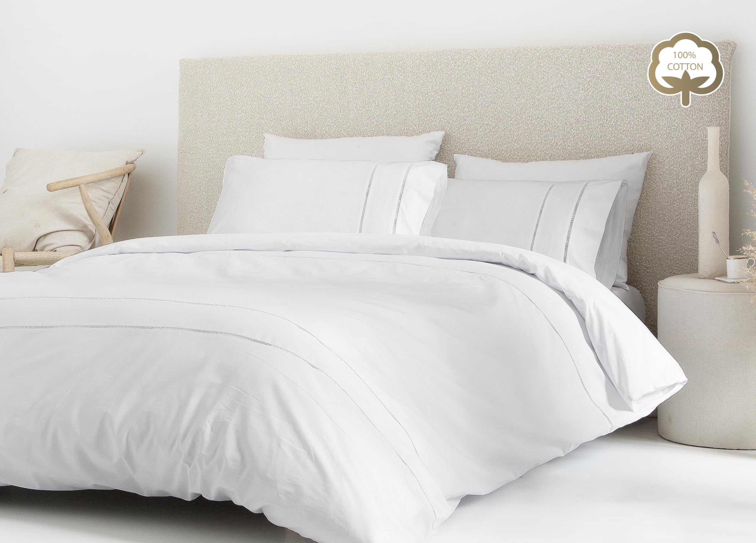 Fundeco - Funda Nórdica Cama 150 - Diseño Liso con Bordado en Color Blanco - 100% Algodón - Medidas 270x240 cm - Incluye Bajera y 1 Funda de Almohada (Victoria Blanco)