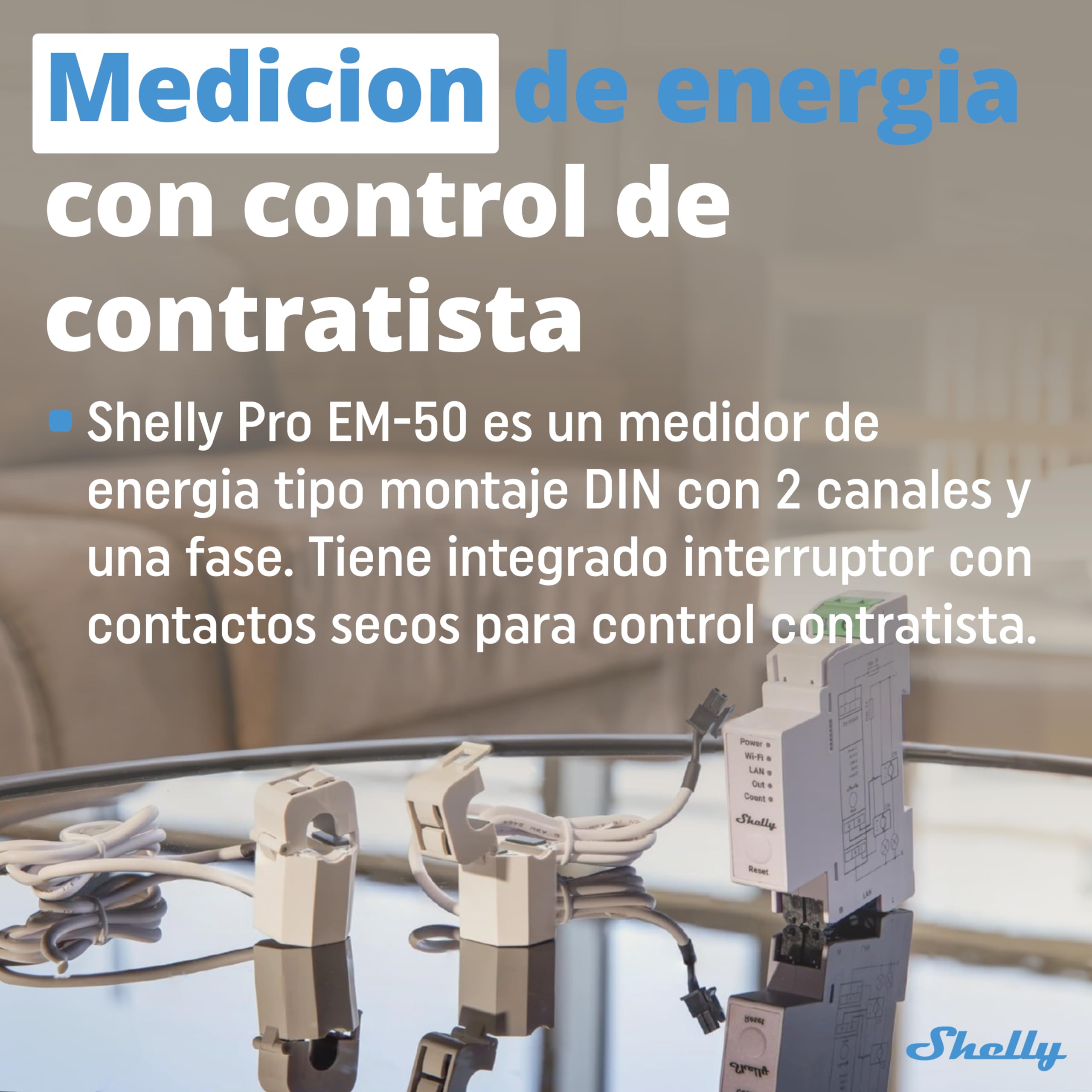 Shelly Pro EM 50A – Medidor Eléctrico Monofásico en riel DIN, 2 Canales, LAN y Wi-Fi, con Pinzas Amperimétricas, Interruptor Integrado, Monitoreo energía solar, App iOS, Android