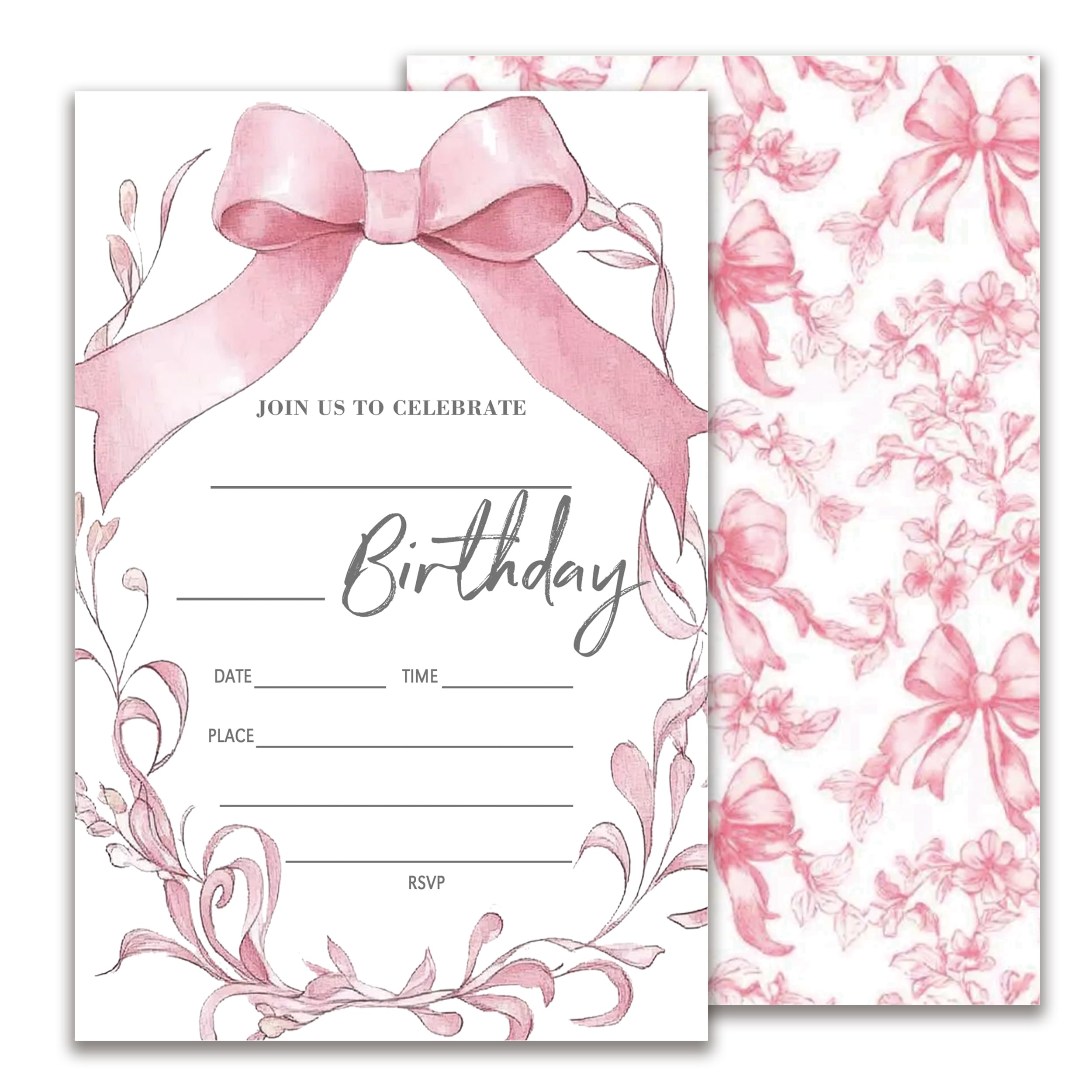 JUPXB Pink Bow Birthday Invitation, Girls Party Invite, Retro Bday Invitation Cards, 20 Pink Double-Sided Fill In Invite Cards with Envelopes,