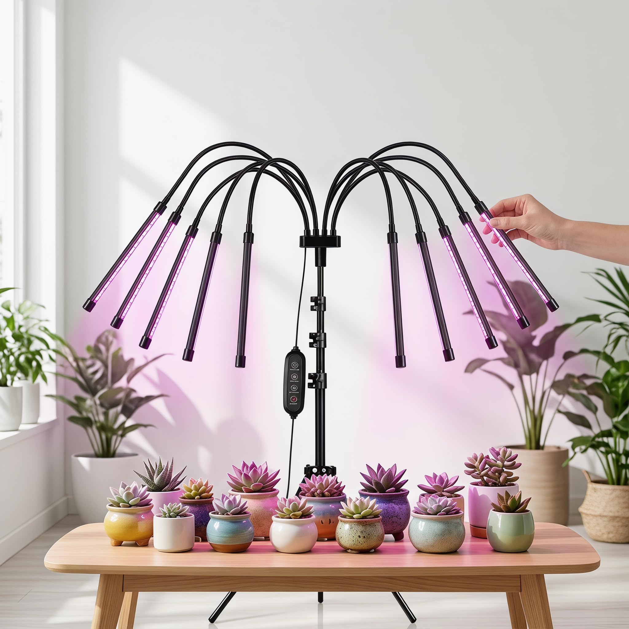 LED Pflanzenlampe 10-in-1, Vollspektrum Grow Light mit Stativ, Zeitschaltuhr 4/8/12H (Auto Ein/Aus), Pflanzenleuchte für Zimmerpflanzen