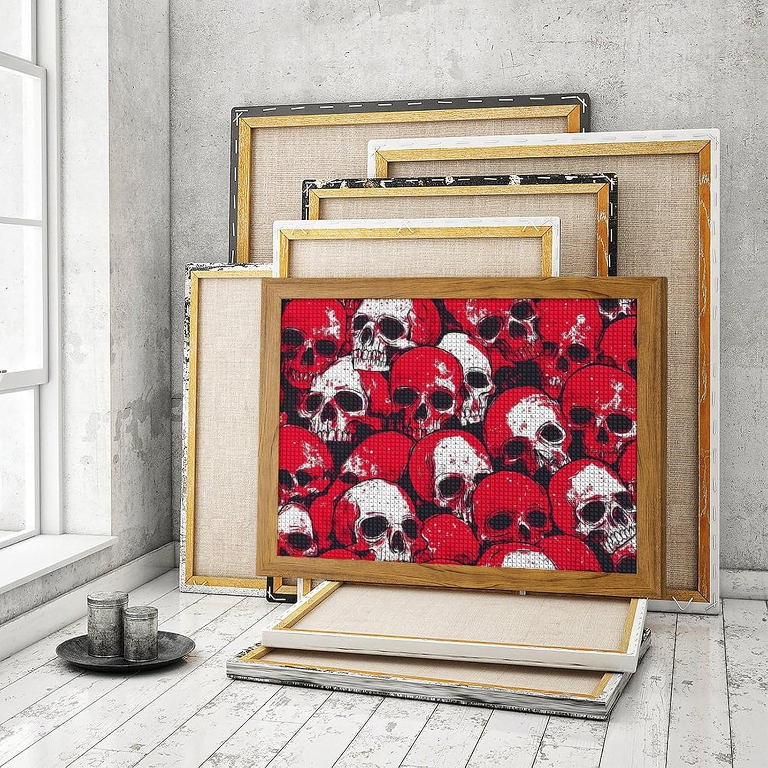 Death Skulls Blood Splatter Printed Diamond 5D Painting Kits DIY Full Drill Crafts for Home Wall Decor 16x20 Inch Yellow Wood 50 * 40cm