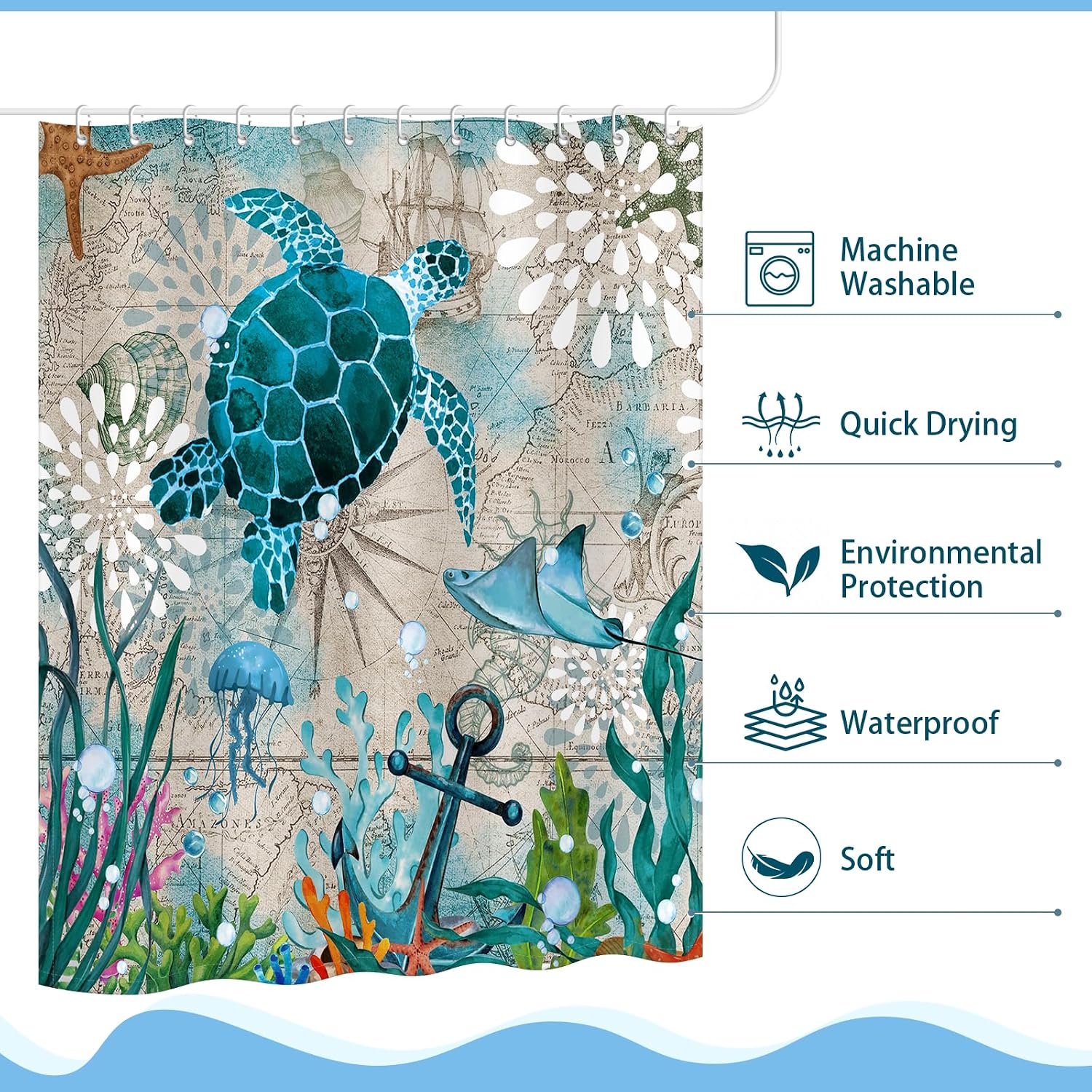 Moutina Nautical Sea Turtle Shower Curtain, Ocean Themed Bathroom Decor Coastal Beach Shower Curtain Set - 72x72 Inch Waterproof Polyester Fabric with Hooks