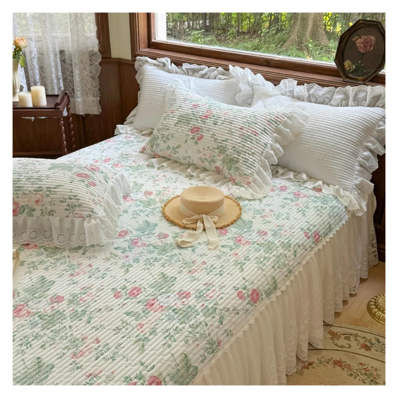 3Pcs Lace Ruffles Quilted Skirt, Mattress Cover Sheet, With Pillowcases, Suitable For 1.2M/1.5/1.8/2M Bed(1,120X200cm 3pcs)