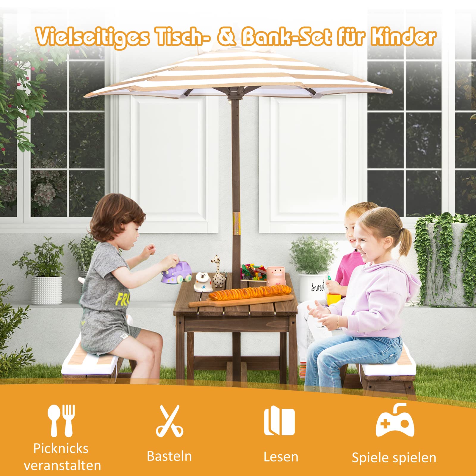 COSTWAY Kindersitzgruppe, Kinder Picknicktisch mit Bänke, Kissen & Sonnenschirm, Kindersitzgarnitur aus Holz, Sitzgarnitur, Sitzgruppe Outdoor, Gartenmöbel für Garten, Hinterhof, Terrasse (Hellbraun)