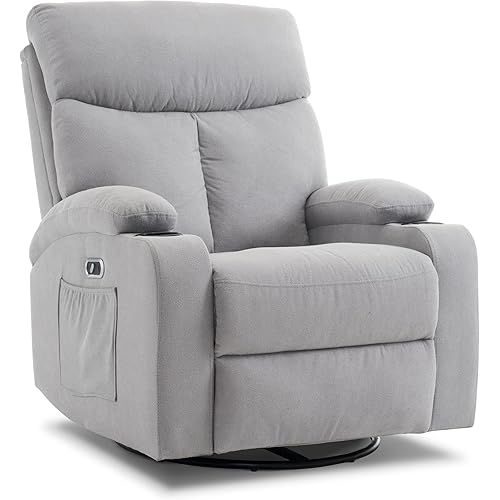 Power Swivel Rocker Recliner Massage Chair for Adults, Electric Rocking Glider,USB and Type-C Ports, Upholstered Fabric Reclining Sofa Chair for Living Room(Grey)