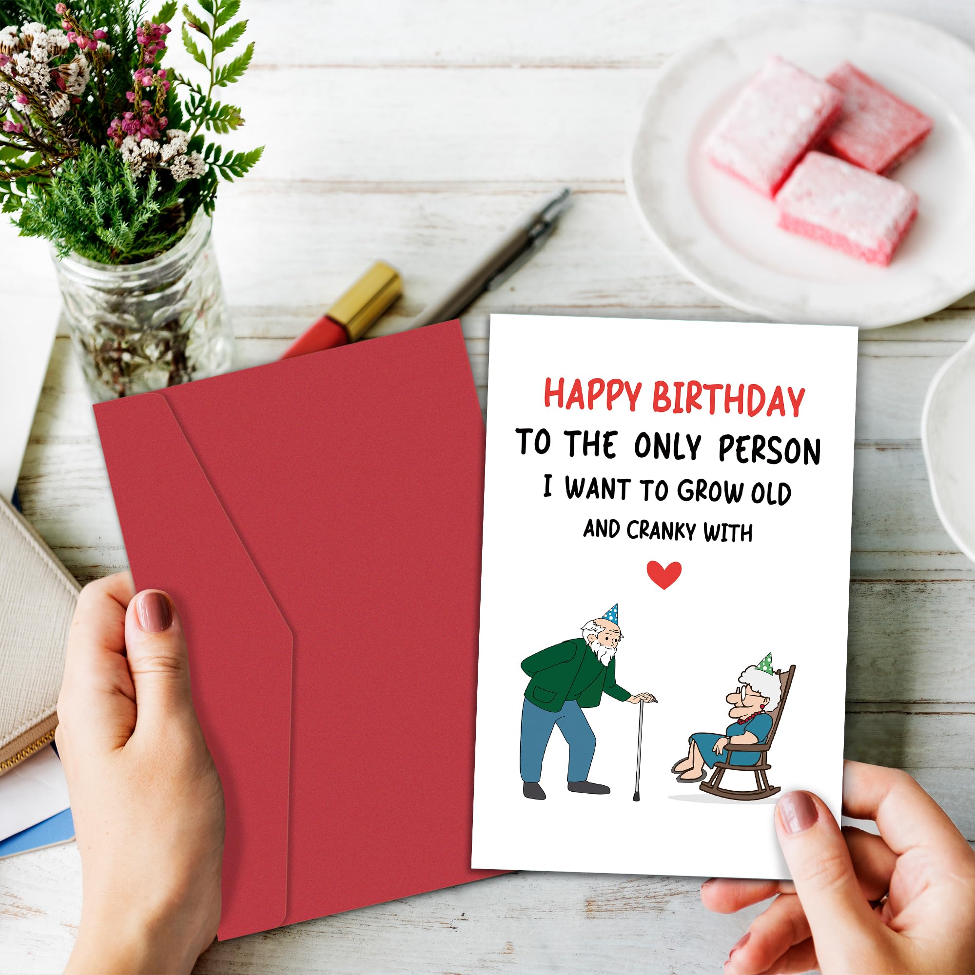 Divertida tarjeta de cumpleaños para marido y esposa, tarjeta de cumpleaños romántica para hombres y mujeres, feliz cumpleaños para la única persona con la que quiero crecer viejo y cranky