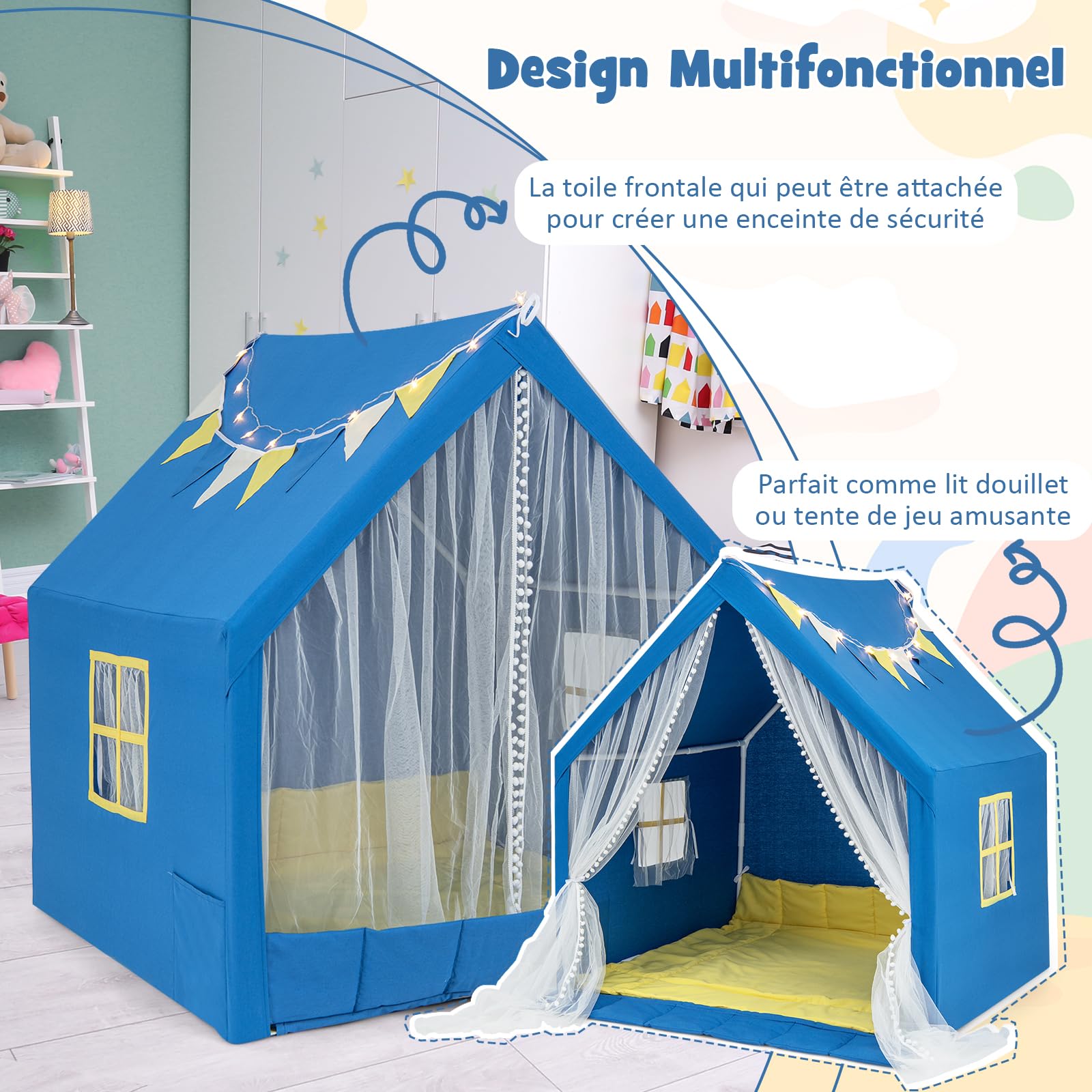 DREAMADE Tente de Jeu Enfants 3+Ans avec Lumières Étoiles&Tapis en Coton,Cabane Garçons Filles Intérieur 122x105x125CM avec Drapeau&Rideau en Gaze&Poche Latérale (Bleu)