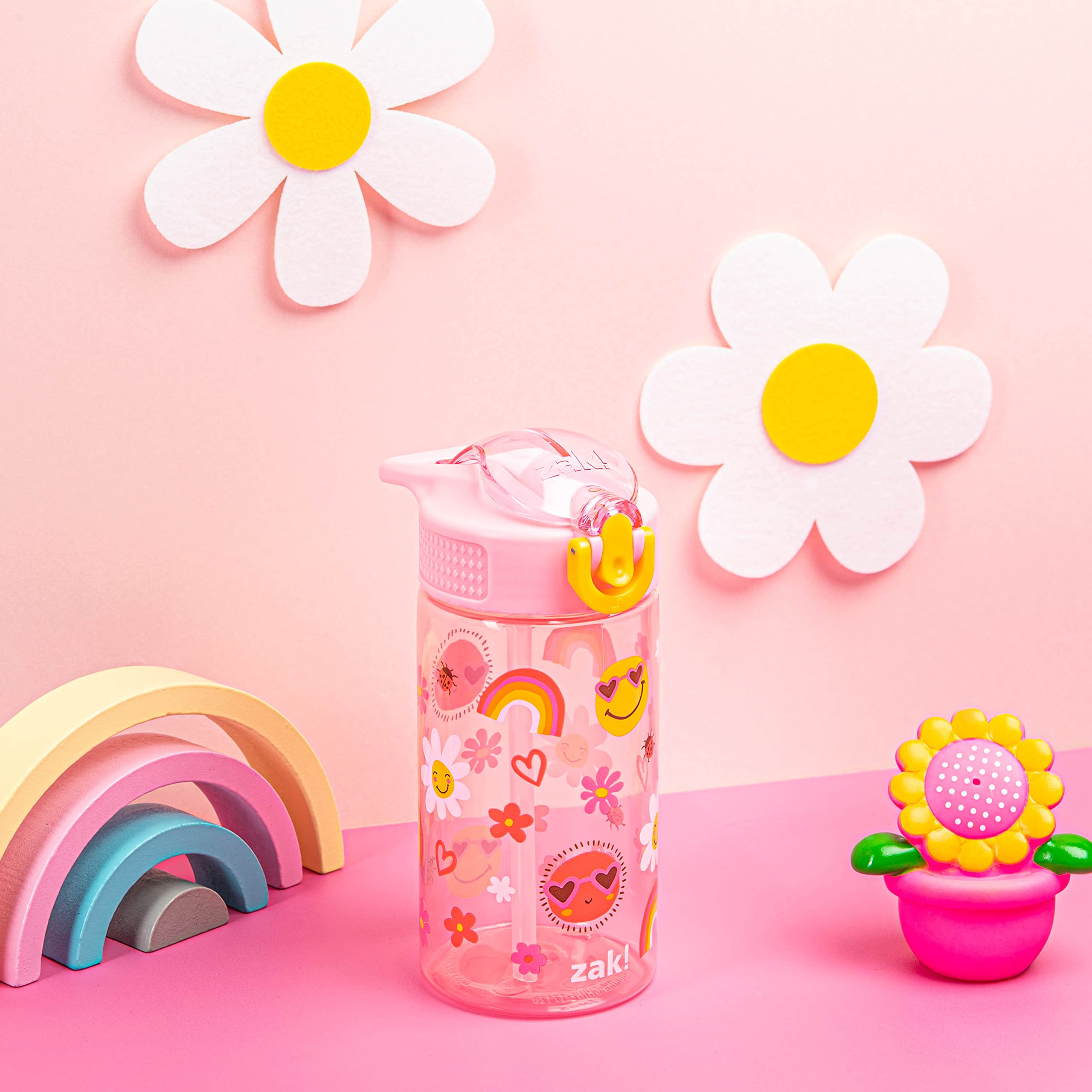 Zak Designs Botella de agua para niños para la escuela o viajes, botella de agua de plástico duradera de 16 onzas con pajilla, asa y a prueba de fugas, cubierta de boquilla desplegable (Sunny Smiles)