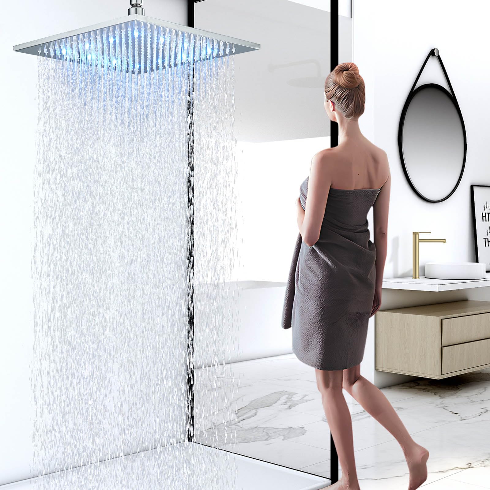 JUNSHENG Soffione Doccia Quadrato da 12”, Doccia a Pioggia con LED, Soffione Doccia Fisso (30x30cm) spazzolato