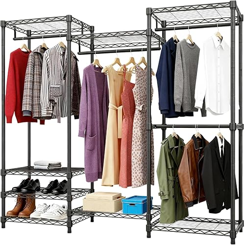 KAXIWEI Portable Closet Wardrobe – Heavy-Duty Freestanding Clothes Rack with 4 Hanging Rods & 8 Shelves, Adjustable Clothing Organizer, 67.3" L x 14.6" W x 76.8" H, Max Load 850 lbs