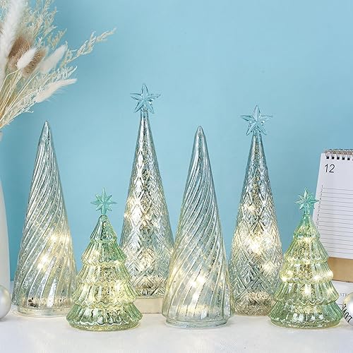 Juego de 6 figuras iluminadas de árbol de Navidad de vidrio de mercurio con luces LED, funciona con pilas, centros de mesa de Navidad iluminados