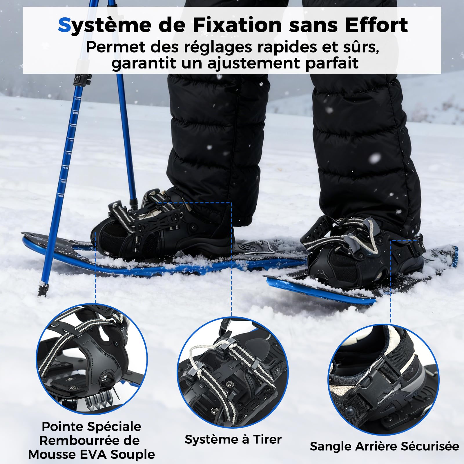 COSTWAY Set de Raquettes à Neige avec Bâtons de Trekking, Chaussures Neige Tout-Terrain en Aluminium, Rembourrage EVA à Sangle Unique Repose-Talon Barre Pivotante Sac de Transport