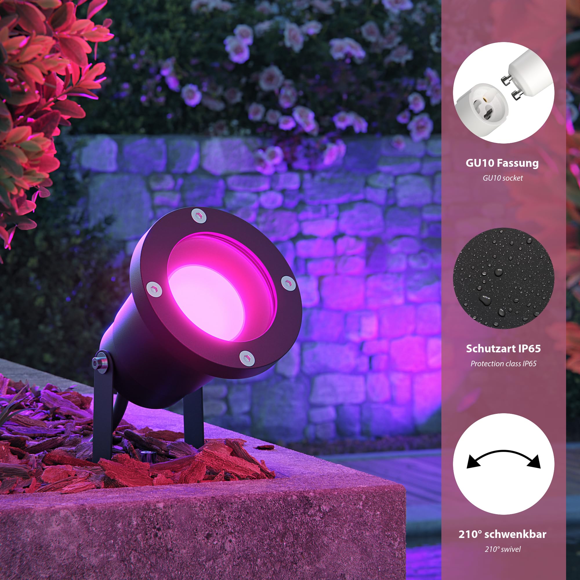 ledscom.de 4x LED Gartenstrahler DUK schwarz für außen, Aluminium, IP65, inkl. Smart Home RGBW GU10 LED Lampe, 5,41W, 473lm