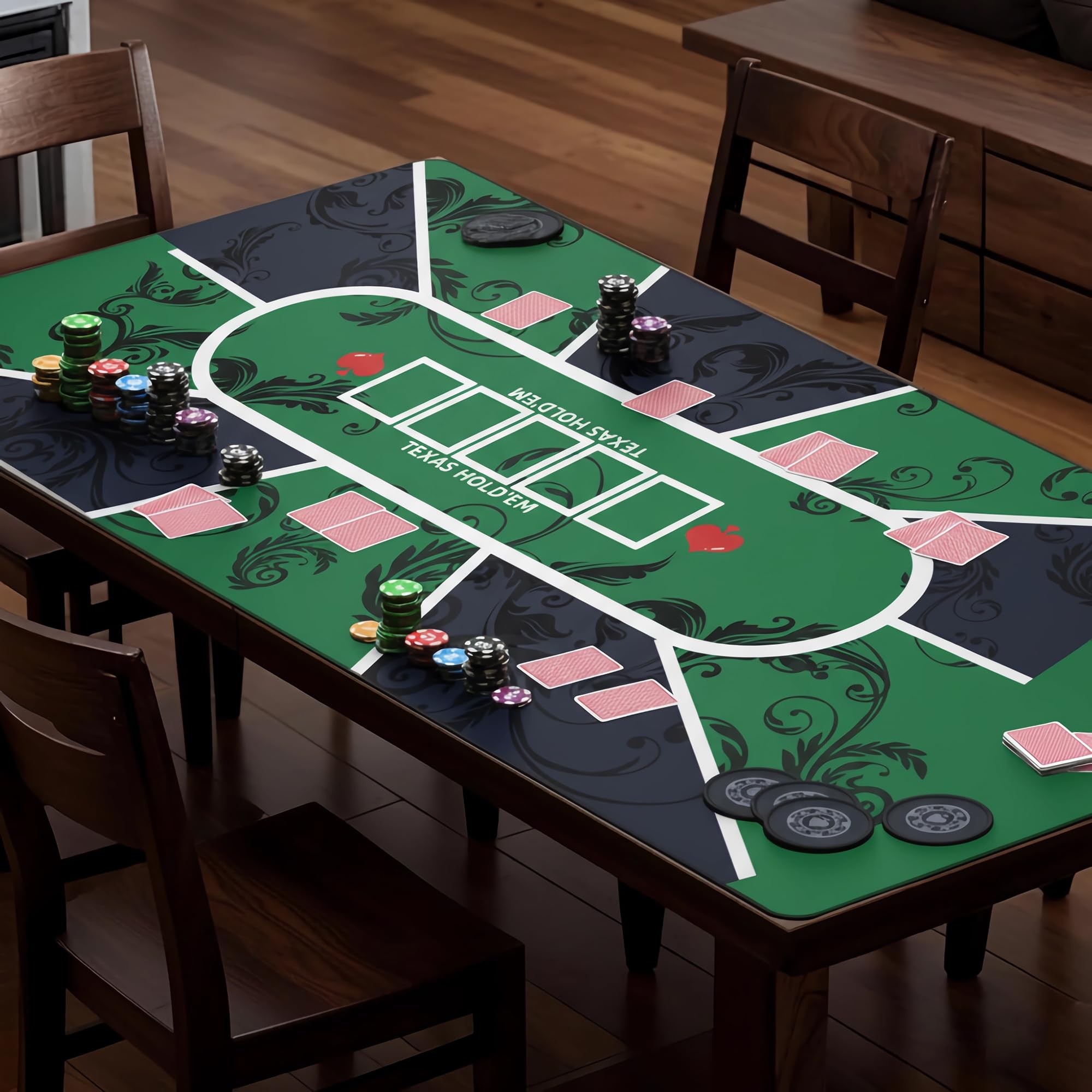 Tapete de póquer Texas Hold'em de 70 x 35 pulgadas para 6 a 8 jugadores, diseño de póquer de goma antideslizante con bolsa de transporte para juegos de casino y blackjack de noche de