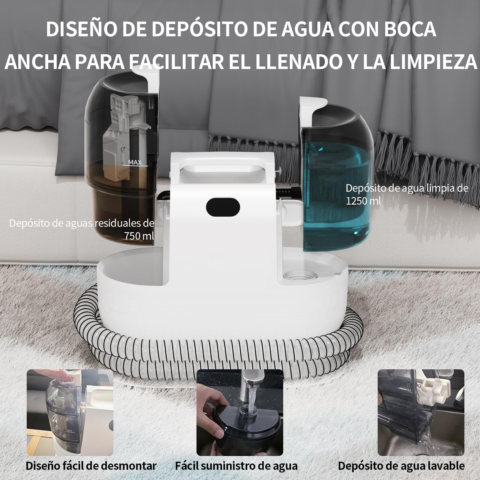 Aspiradora de Agua para Tapicerías, Limpiador Húmedo de Sofás, Alfombras y Colchones, Motor 500W Succión 18kPa, Depósitos Dobles, Cepillos Multiusos para Limpieza Profunda de Manchas en Hogar y Coche