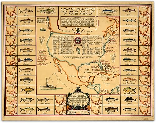 1935 Mapa de pescado de América del Norte 11x14 sin marco de impresión - Gran decoración vintage y regalo para pescadores menores de 15