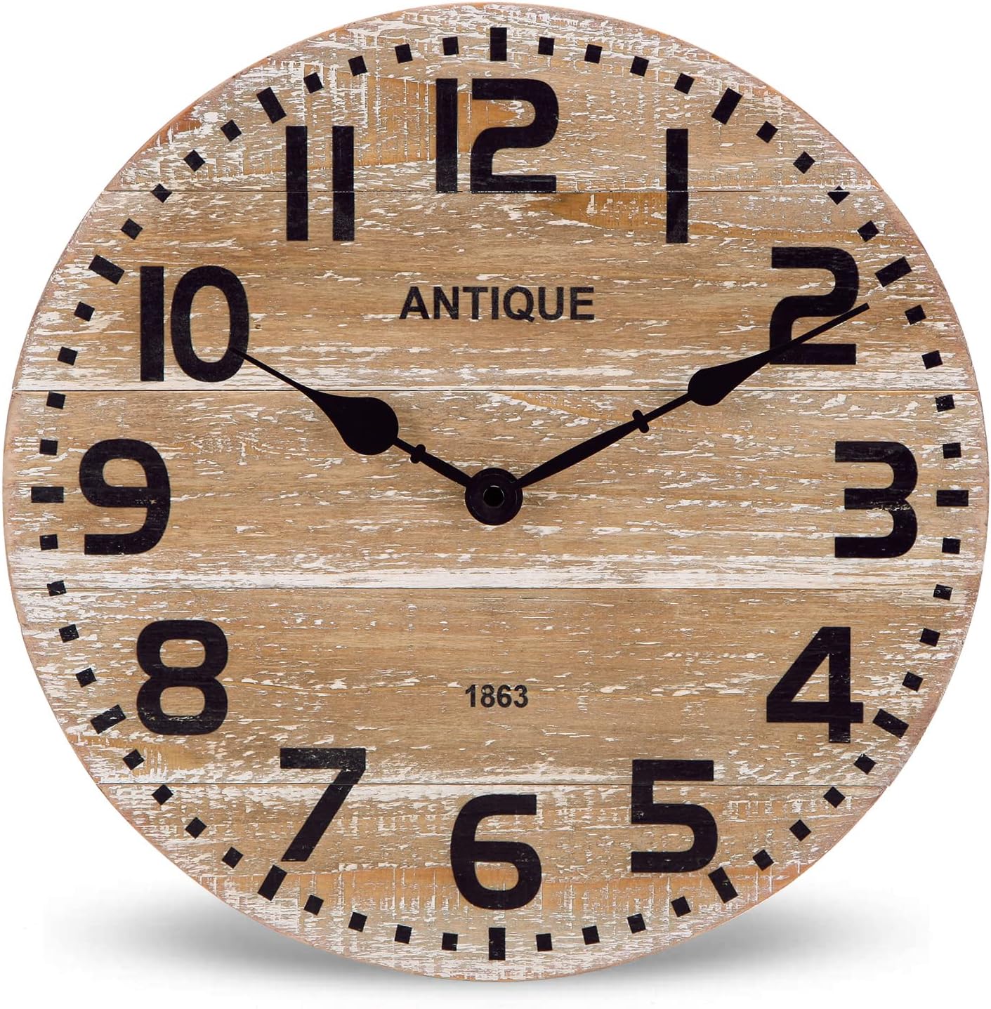 NIKKY HOME Farmhouse Rustic Real Wood Wall Clock - 12 Inch Battery Operated Silent Non Ticking Distressed Wooden Shiplap Clock for Kitchen, Living Room, Bedroom, Office (Solid Wood)