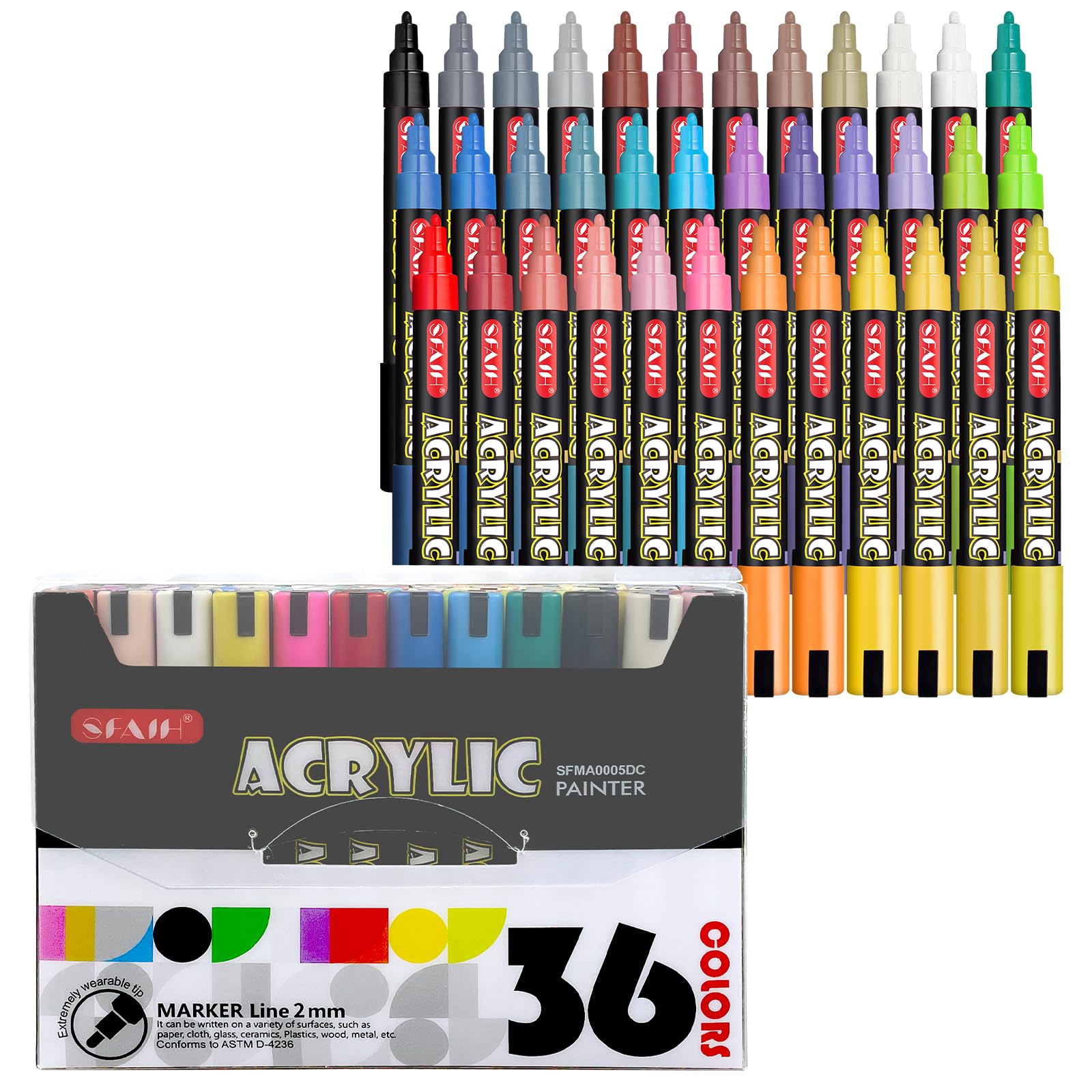 SFAIH Large Ink Capacity Acrylic Paint Markers Pens - 36 Colors 3mm Medium Drawing Markers for Art Supplies, Wood, Fabric Paint, Rock Painting, Gift for Kids Artists Adults, Color Overlap