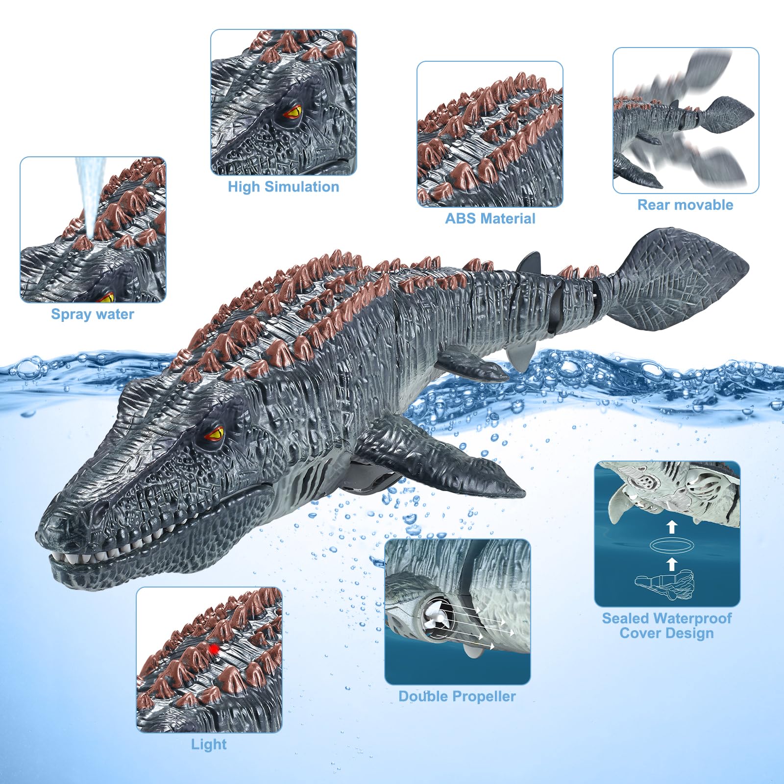 Barcos Mosasaurus de control remoto de 2.4 GHz con agua pulverizadora, doble hélice, juguete Mosasaurus, barco RC para piscina, lago, baño, juguetes de dinosaurio a control remoto para niños