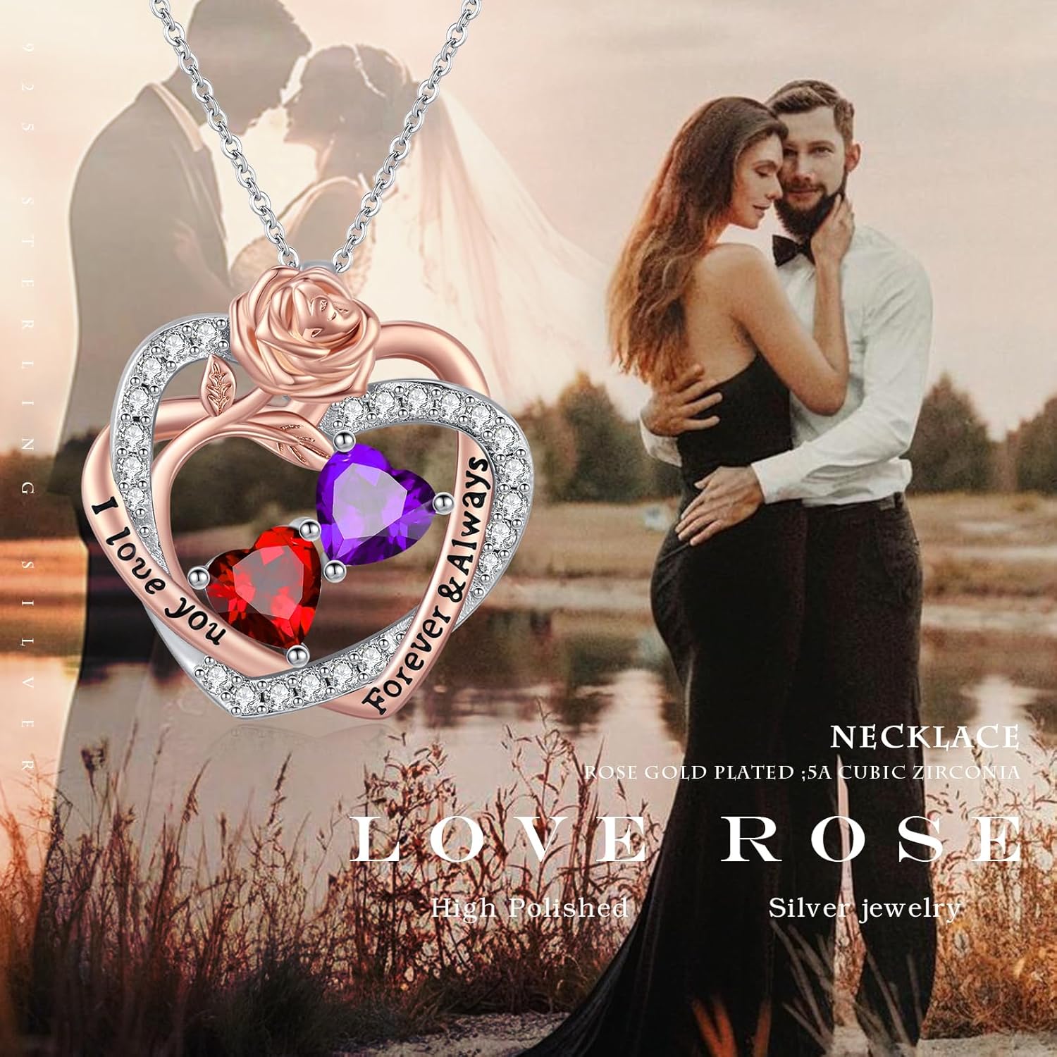 Rose Heart Necklaces for Women, 14K Rose Gold/White Gold Filled Overlapping Double Hearts Birthstone Pendant, Mother's Day Valentine's Day Anniversary Birthday Christmas Jewelry Gifts for Wife Mom Daughter Her - Image 7