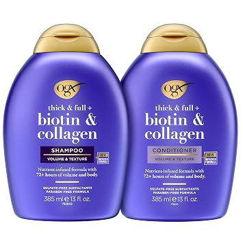 OGX Thick & Full + Biotin and Collagen for Hair Volume & Body, Sulfate Free Volumizing Shampoo & Conditioner Set for Fine & Thinning Hair, Nutrient-Infused, Vitamin B7, 13 fl oz, 2 Pack