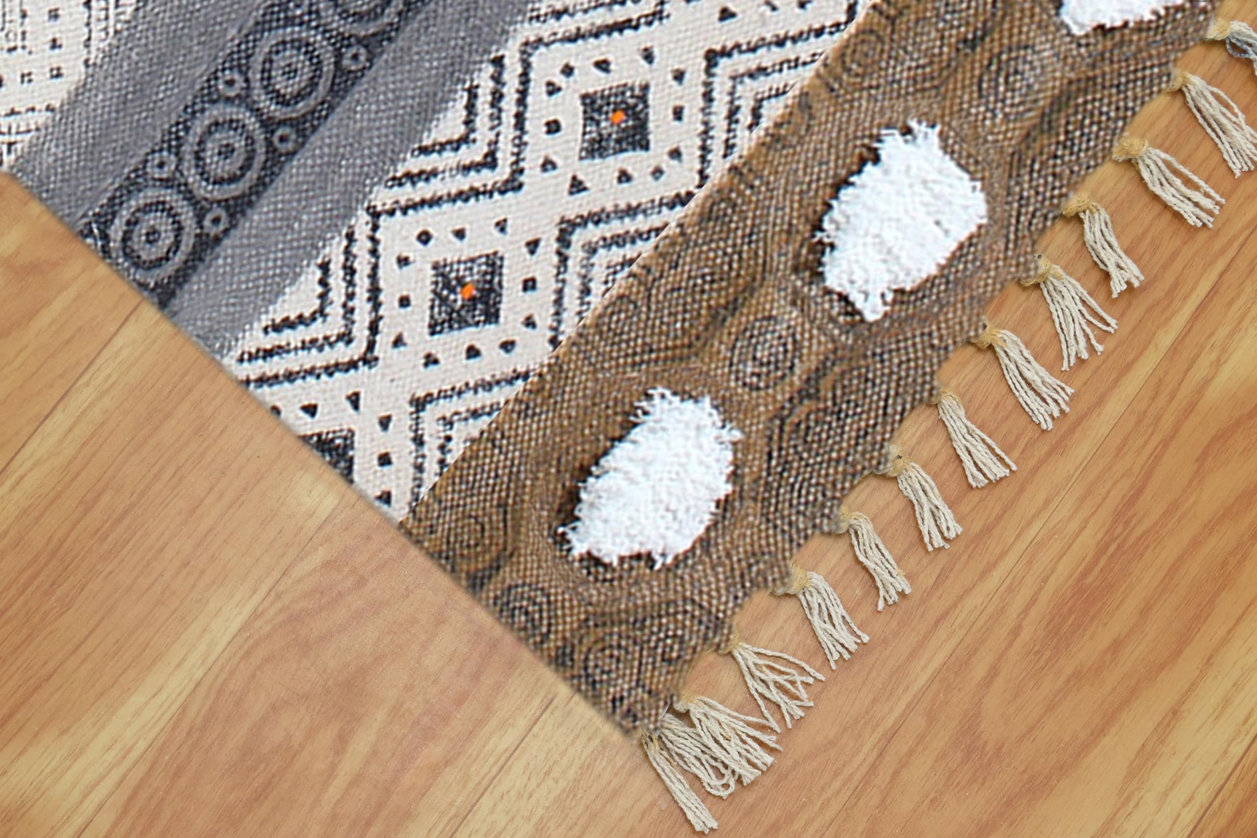 Baumwoll-Läufer, 6,6 x 61 cm, Kelim-Läufer, Handwäsche, Braun / Schwarz, geometrisches Design, handbedruckt, Baumwolle, Dhurrie-Boho-Teppich, 0,5 cm dick, für drinnen und draußen, Flachgewebe, für