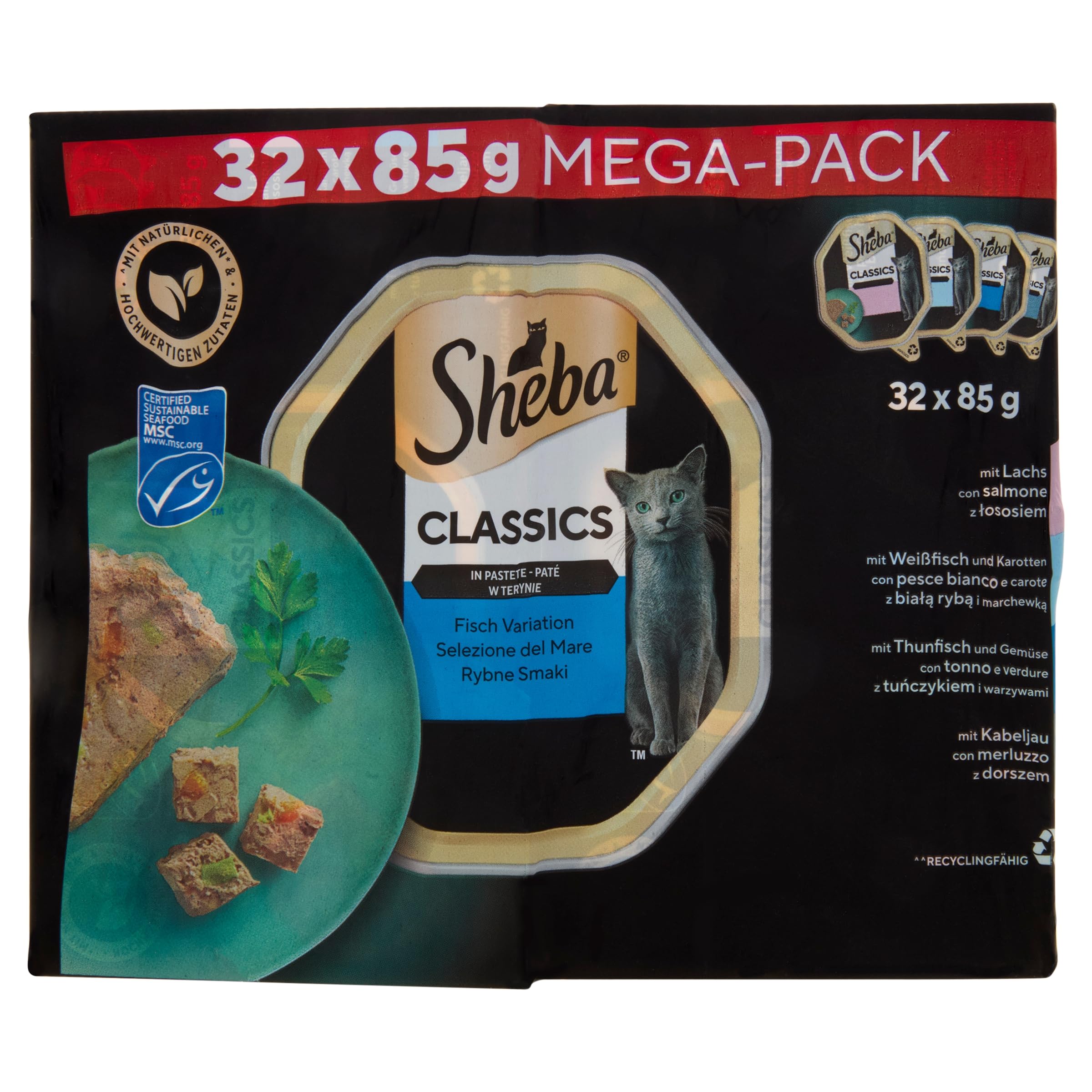 Sheba Classics Patè Selezione del Mare Cibo Umido per Gatti, 32 Vaschette da 85 g
