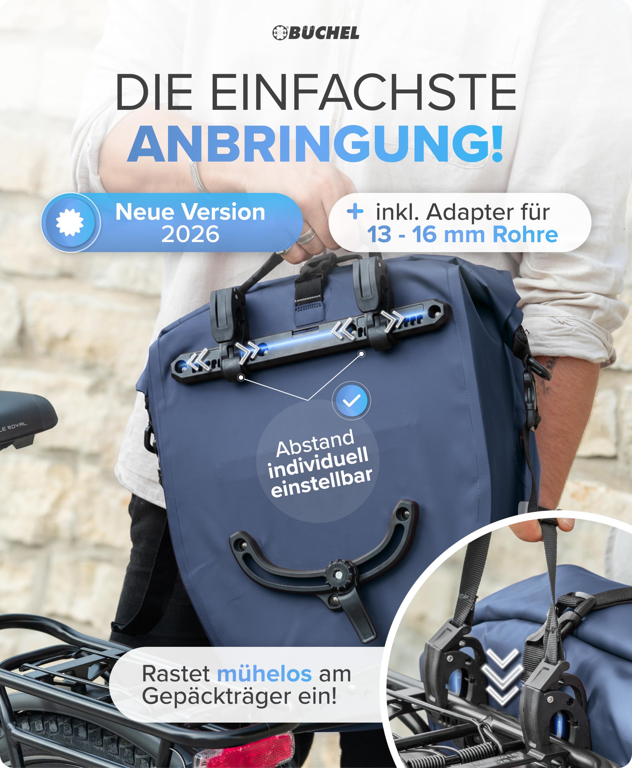 büchel fahrradtaschen 14L für Gepäckträger im 2er-Set, 100% Wasserdicht inkl. Schultergurt&Tragegriff, Fahrradtasche mit Reflektoren&Rastfunktion für Arbeit&Freizeit| Gepäckträgertasche Schwarz Sport & Freizeit gitter aufbewahrung wand Regal Originalzubehör Farbe:shiny-nova-orange