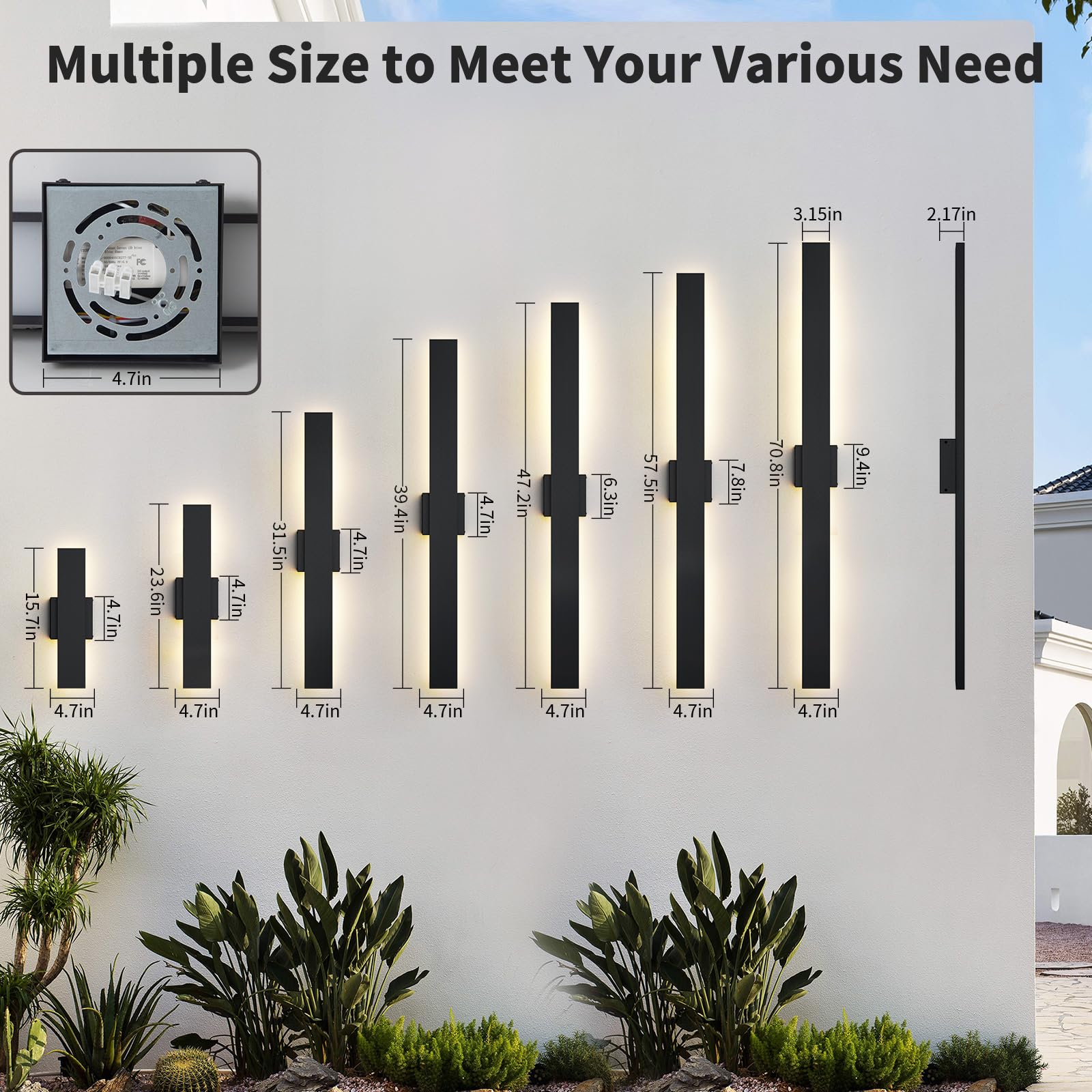 2 Pacchi 80CM Moderna Applique da Parete per Esterno, 3000K 4000K 5000K 10%-100% Dimmabile, IP65 Impermeabile Lampada da Parete Esterna per Casa, Veranda, Garage, Patio, Cortile, Ingresso Nero