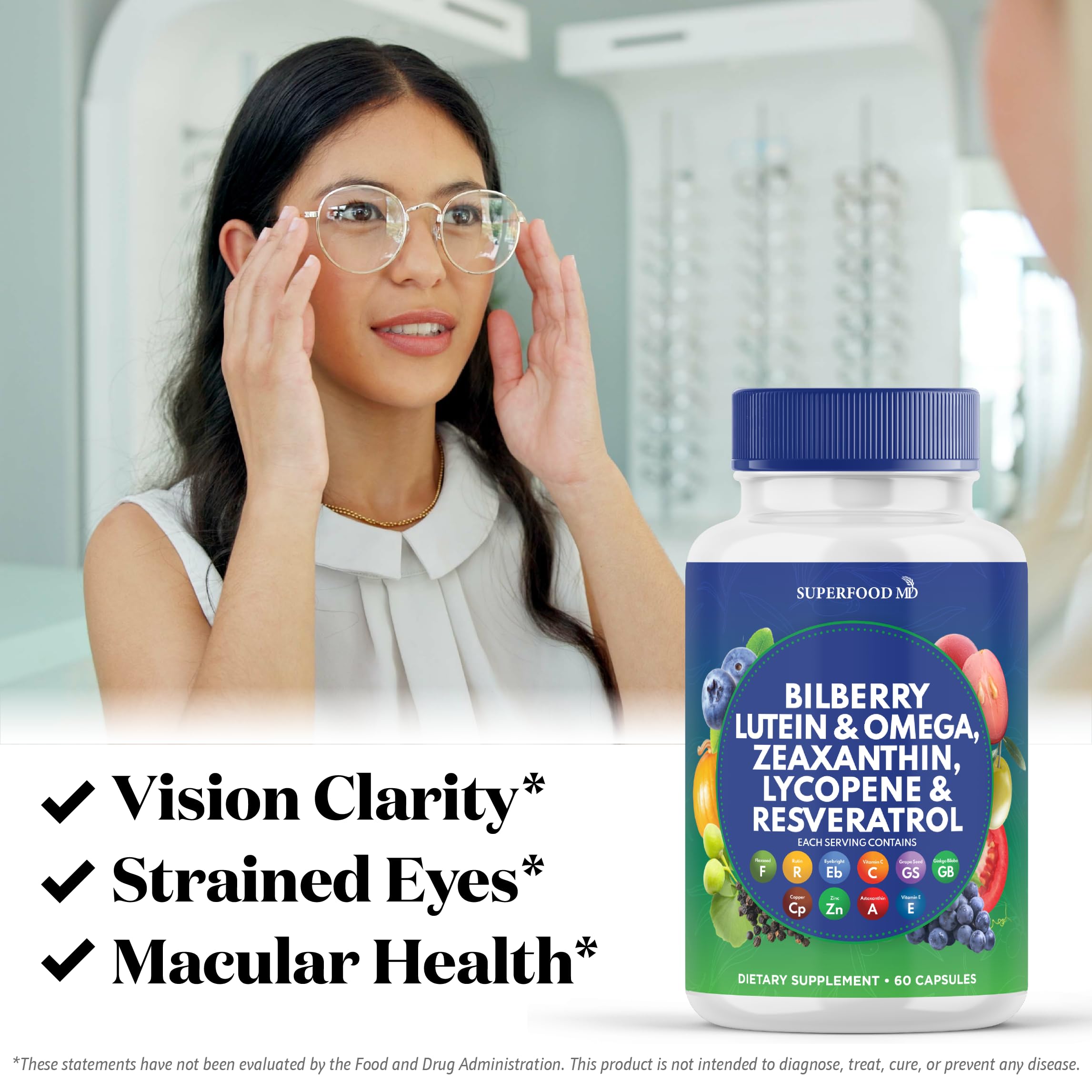 Superfood MD Eye Health Vitamins with Bilberry Lutein & Zeaxanthin Lycopene 40mg Resveratrol Grape Seed Extract Astaxanthin- AREDS 2 - Eye Vitamin - 120 Capsules — Amazon image 5